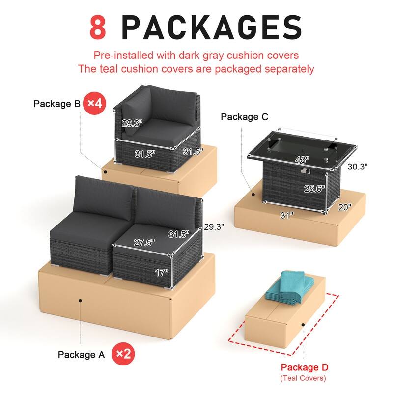 9-Piece Outdoor Wicker Patio Sectional Conversation Set with Fire Pit