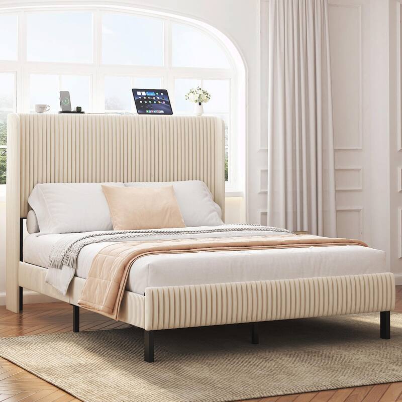 Platform Bed, Metal Bed Frame with Charging Station, No Box Spring Needed