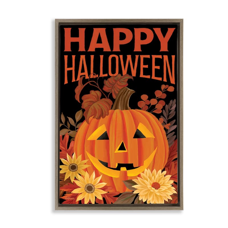 Stupell Happy Halloween Floral Pumpkin Framed Floater Canvas Wall Art Design By Cat Thurman Designs - 17 x 25 - Brown