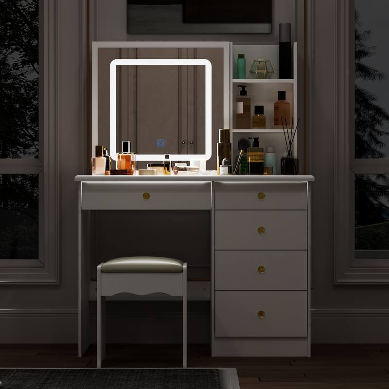 Glass Top Vanity Set with Sliding Mirror and LED Lights Dressing Table - 39.4"W