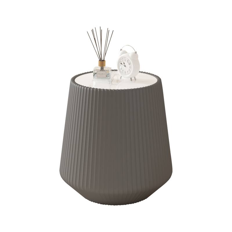 Cup-Shaped Leather Coffee Table Small Round Table Modern End Table with Sintered Stone Top, Faux Marble Sofa Side Table