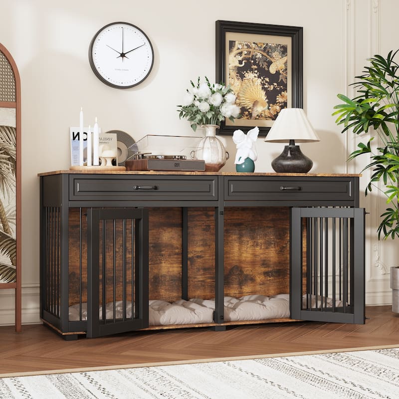 Furniture Style Double Dog Crate with Drawers, 64.6" Wooden Pet Kennel End Table, Removable Divider, Heavy Duty Metal Bars