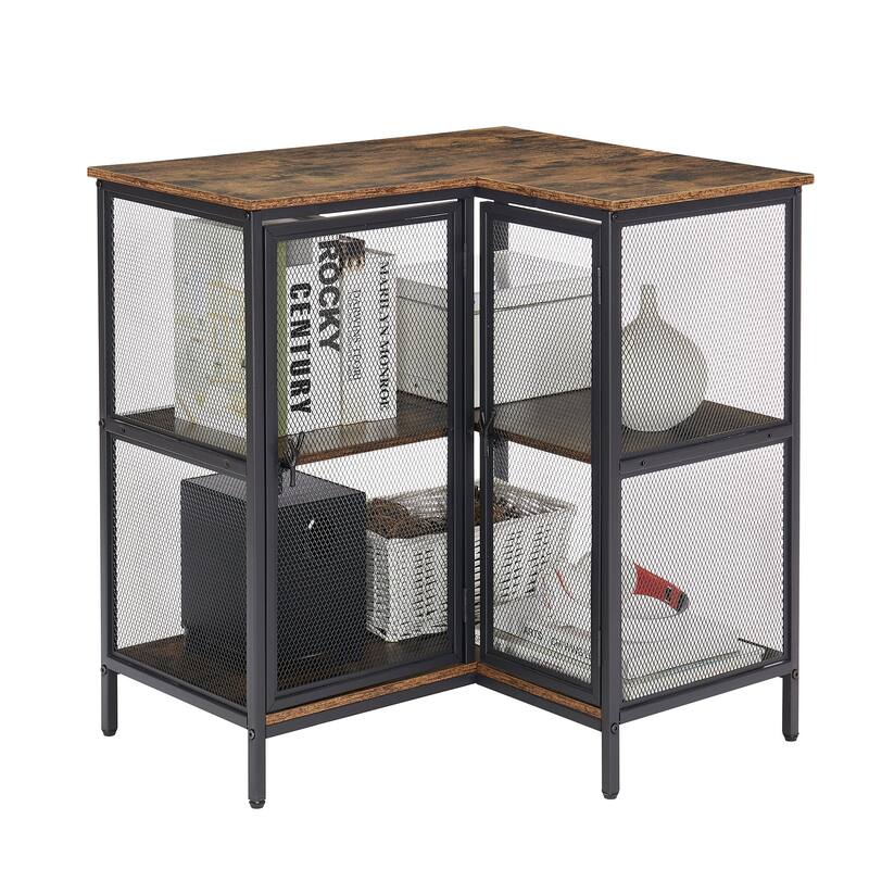 VECELO L-Shaped 3-Tier Corner Cabinet 29.4" End Table with Mesh Doors and Storage Shelves 90° Angle Design Free-Standing Table