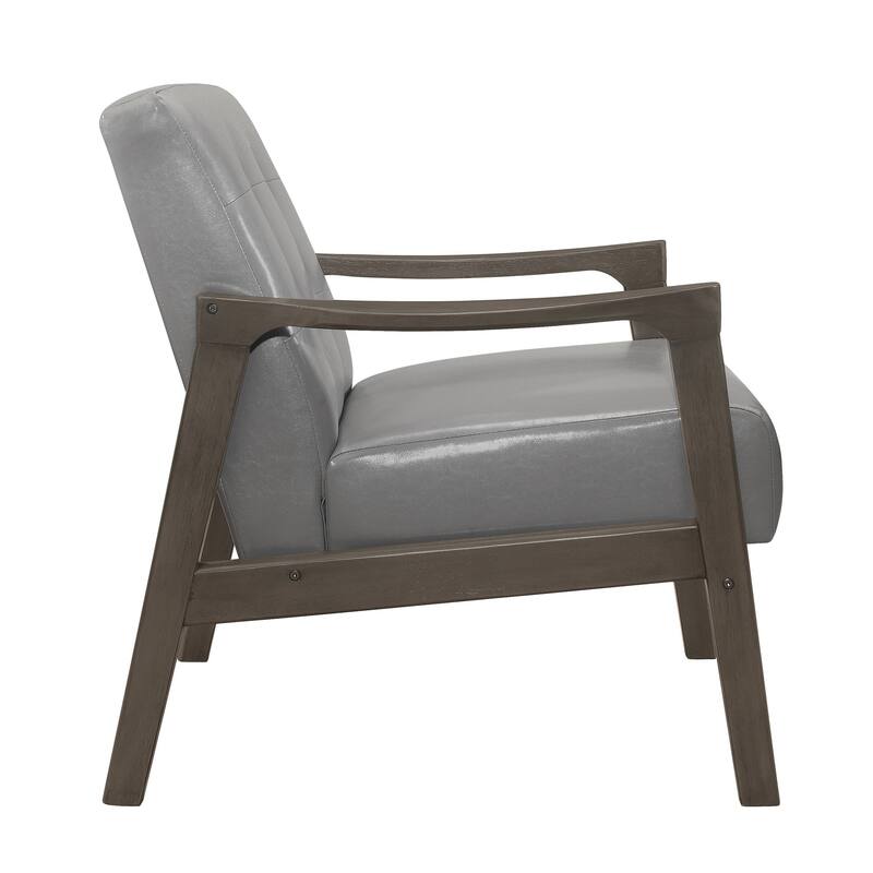Aly 31 Inch Accent Chair Armchair, Gray Faux Leather, Brown Solid Wood