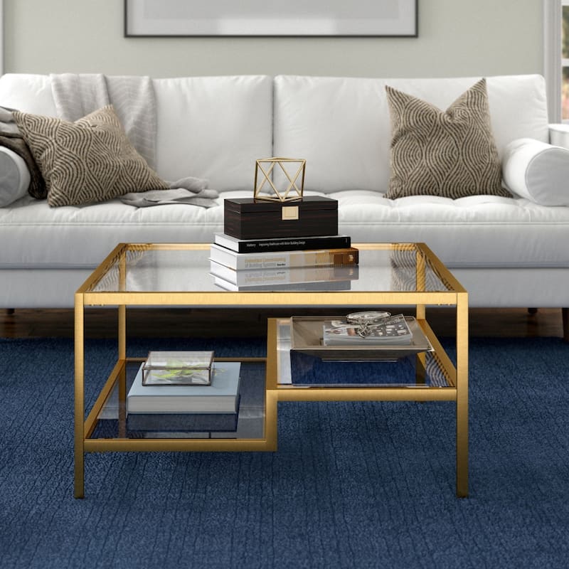32-Inch Glass Square Coffee Table with Steel Base and Storage Shelves - 32” x 32” x 17”