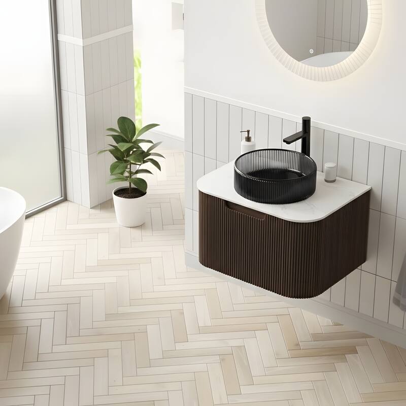 Wall Mounted Bathroom Vanity with Transparent Black Round Glass Basin