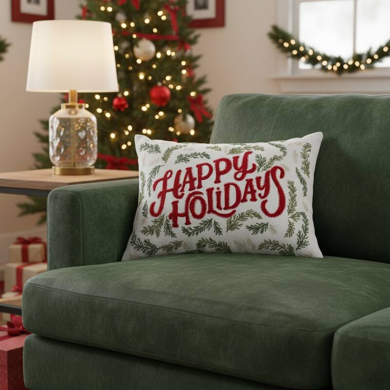 14" X 20" Ivory Red And Green Cotton Happy Holidays Throw Pillow With Embroidery - Polyester - 20.00 in. x 14.00 in.  x 6.50 in. - Pillow Sets - Green/Red/Ivory