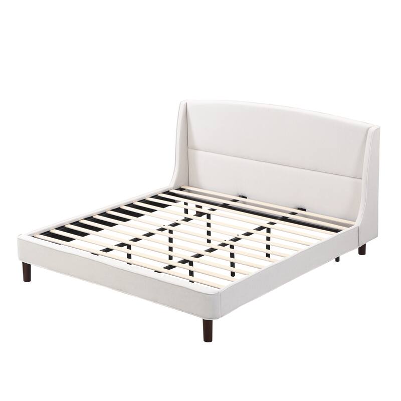 Beige Upholstered Fabric Frame Bed with Wingback Headboard, King Size Platform Bed with Wood Slat and Metal Support