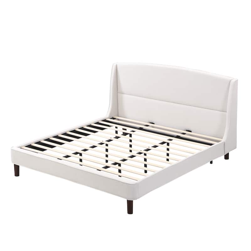 King Size Bed Frame, Upholstered Platform Bed with Curved Wingback Headboard and Solid Wood Legs, No Box Spring Needed, Beige