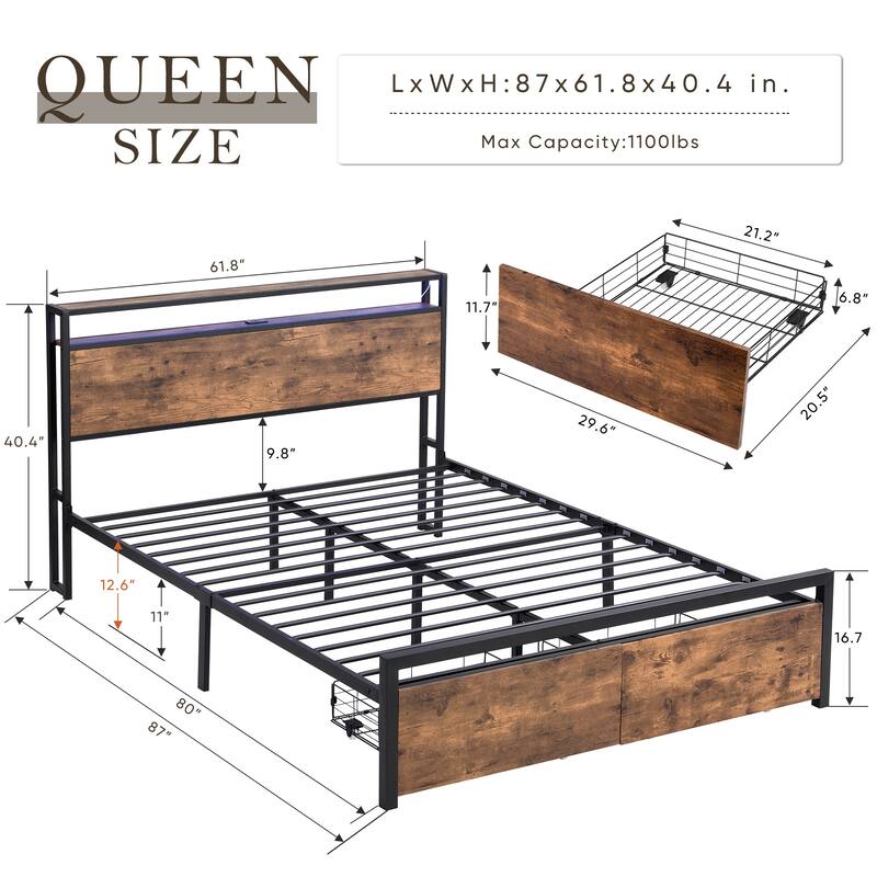 Metal Platform Bed Frame with 2Drawers & Charging Station-Queen, Brown