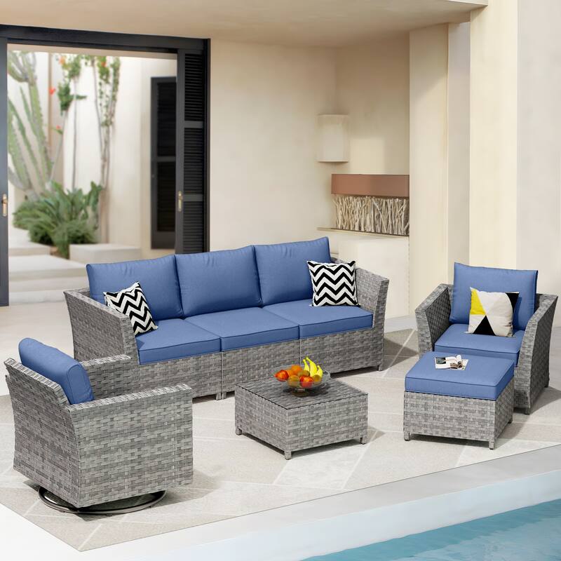 HOOOWOOO 7-piece PE Wicker Outdoor Furniture Sectional Set with Swivel Rocking Chair - Denim Blue