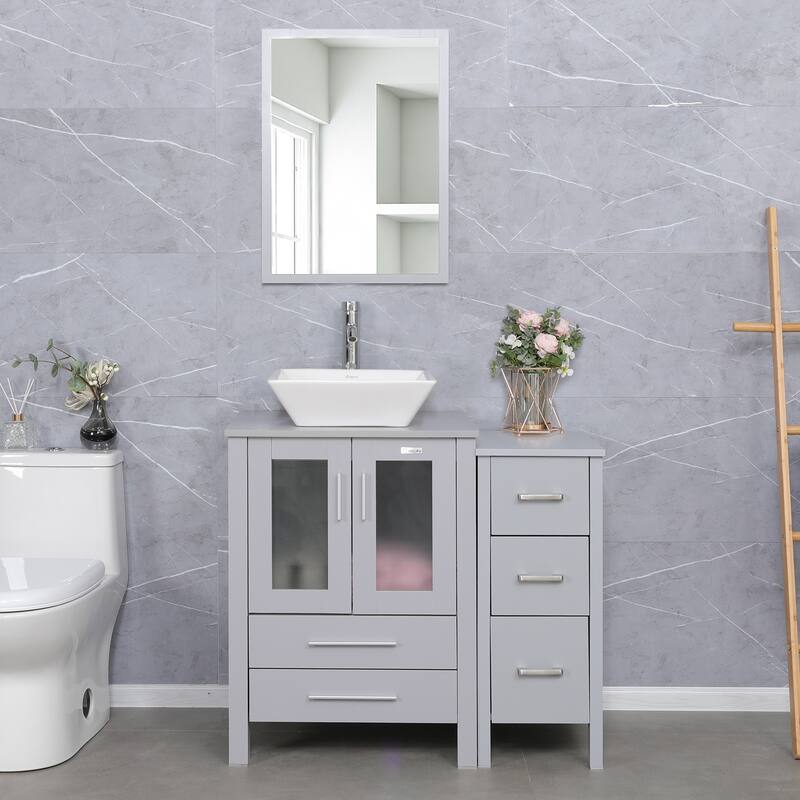 36" Bathroom Vanity Sink Gray Set with Side Cabinet Vessel Sink Mirror Faucet Combo - white ceramic square sink