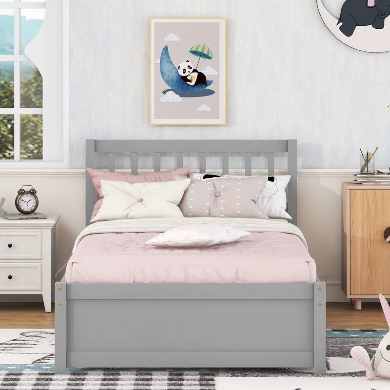 Twin Size Wooden Platform Bed Frame with Trundle Bed & Headboard