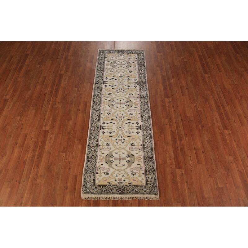 All-Over Ivory Oushak Indian Runner Rug Handmade Wool Carpet - 2'6"x 7'9"