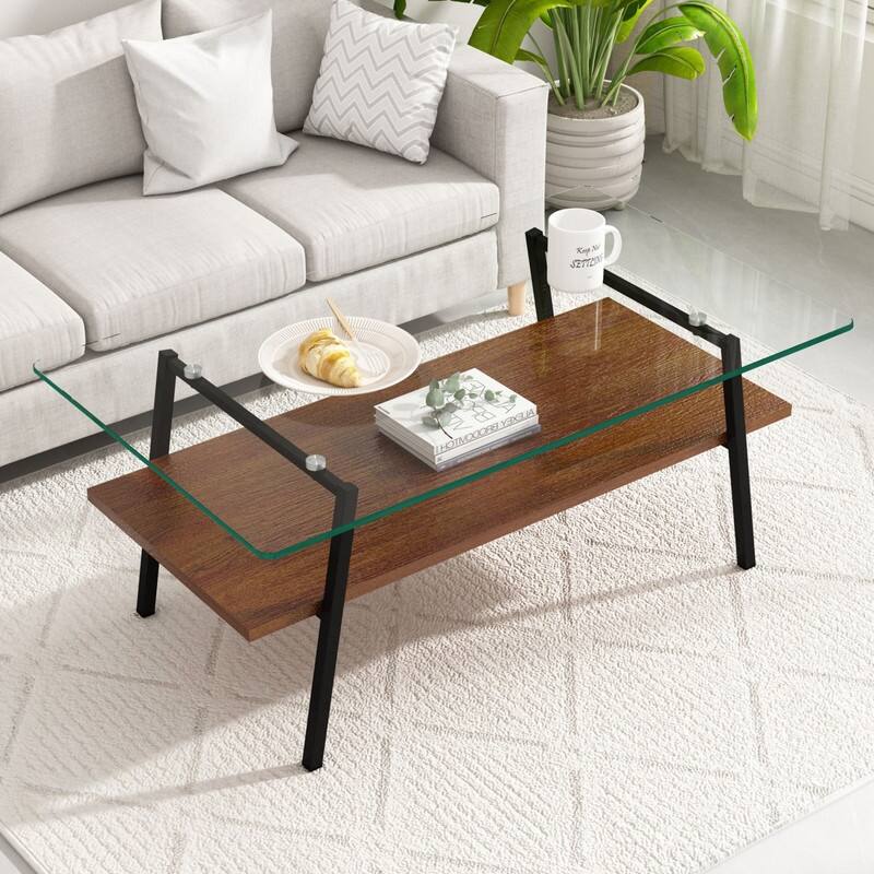 Rectangle Tempered Glass Coffee Table with Metal Legs - Black/Brown/Transparent