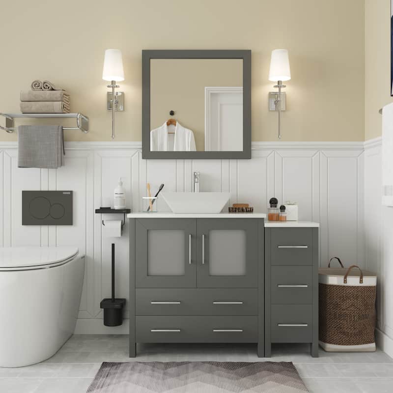 Vanity Art 42" Single Sink Bathroom Vanity Set with Engineered Marble Top and Free Mirror - 42 x 18.5 x 36 Inches - Grey