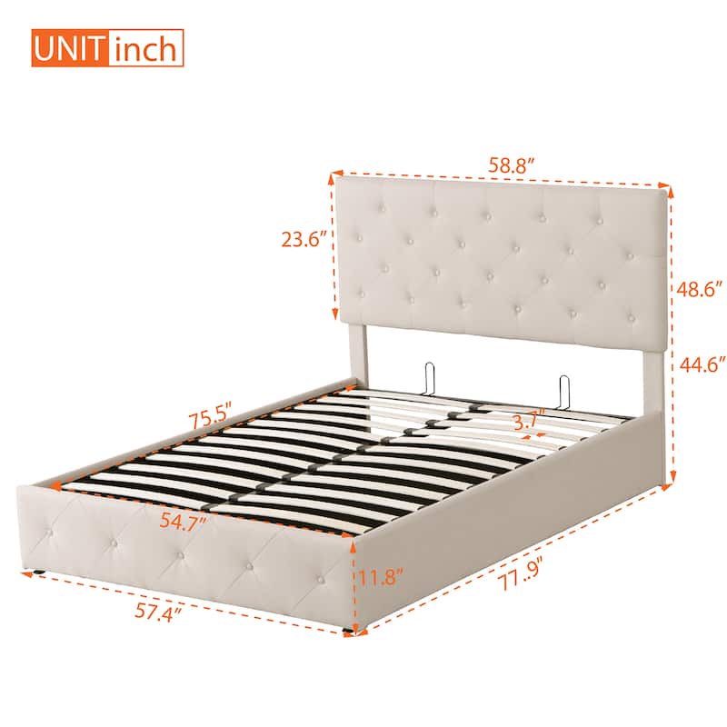 Linen Upholstered Platform Bed with Hydraulic Storage, Stylish and ...