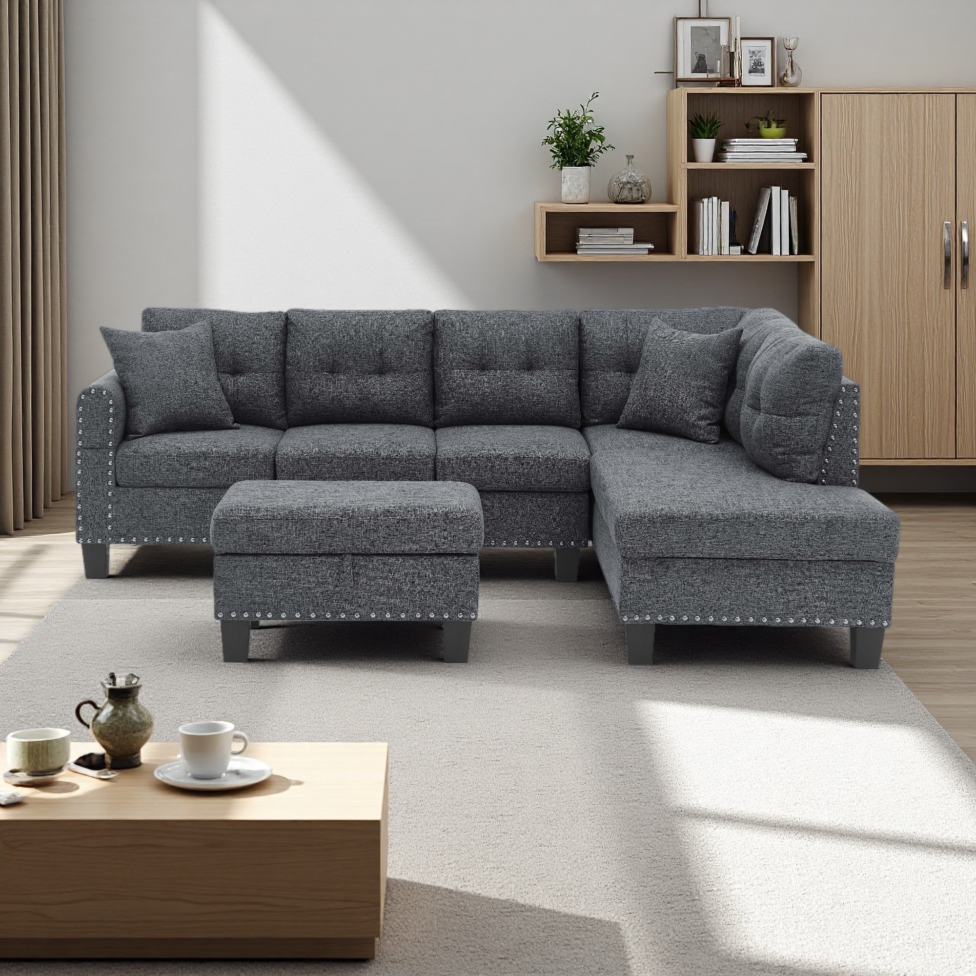 96" Polyester L-Shaped 5-Seat Sectional Sofa with Power Outlet, Storage Ottoman and Cup Holders
