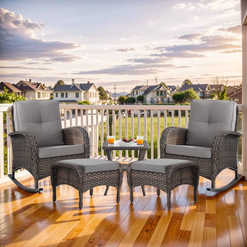 Pocassy Outdoor Wicker Patio Chairs Set - Brown Wicker Grey Cushion - 2PCS Rocker Chairs w/ 2PCS Ottoman
