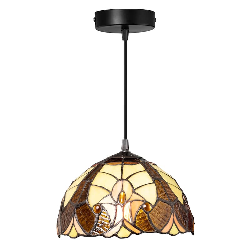 Halston River of Goods Stained Glass and Metal 10-Inch Pendant Light with Adjustable Hanging Cord - 10" x 10" x 72.5" - Amber/Brown/Yellow/Ivory/Black - 10" x 10" x 72.5"