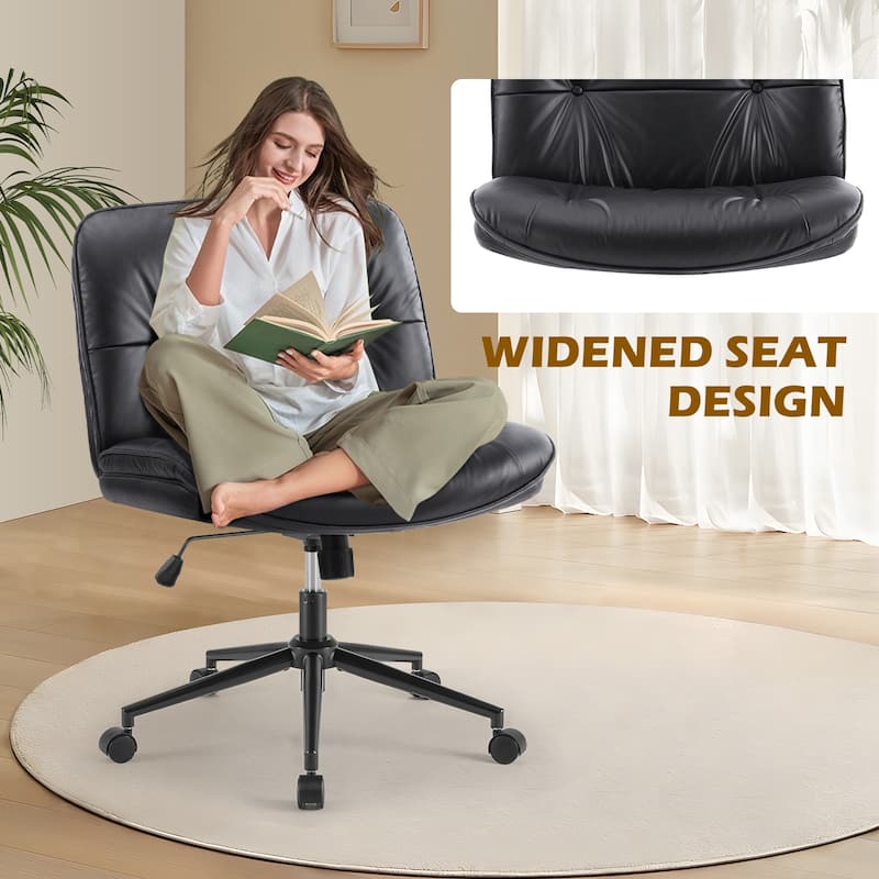Armless Office Desk PU Leather Wide Seat with Wheels