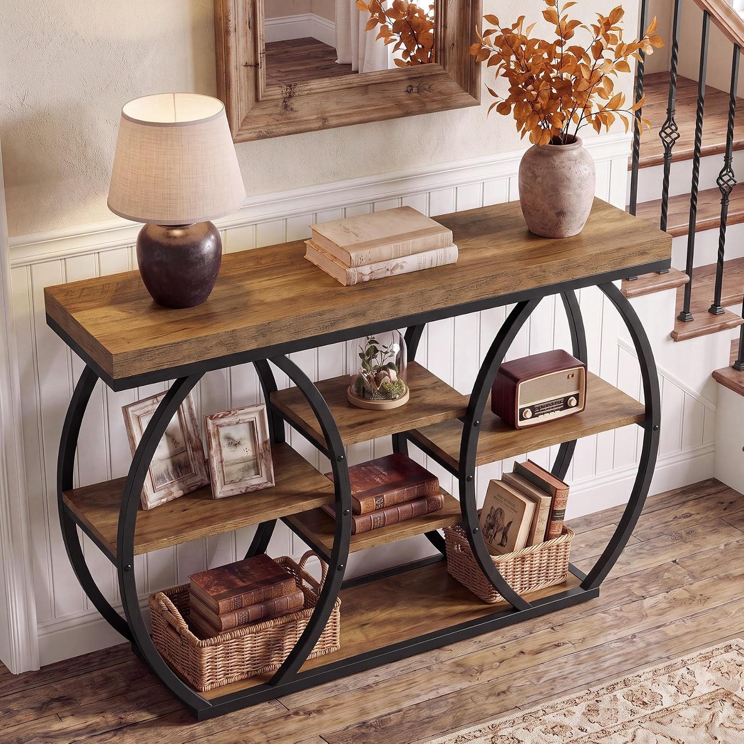 4-Tier Narrow Sofa Table with Artistic Curved Metal Frame for Living Room