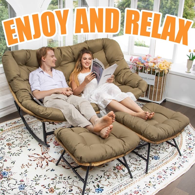 FINCATI Outdoor Double Papasan Chair, Oversized Patio Rocking Chair, 700 lbs Indoor Wicker Rocking Chair for Two