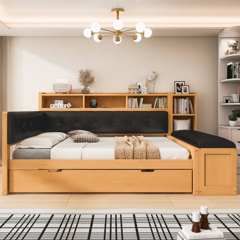 GDFStudio - Modern Wooden Full Size Daybed with Trundle, Bench Storage and Charging Station