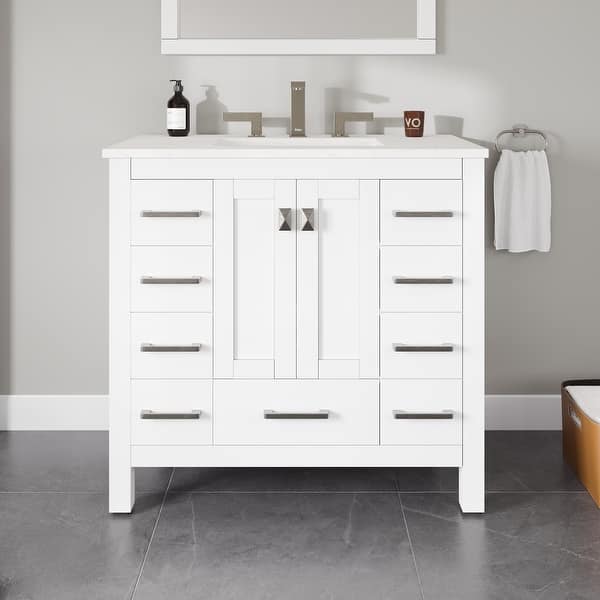 Hampton 36 in. W x 22 in. D x 34 in. H Bathroom Vanity in Gray with White Carrara Marble Top with White Sink