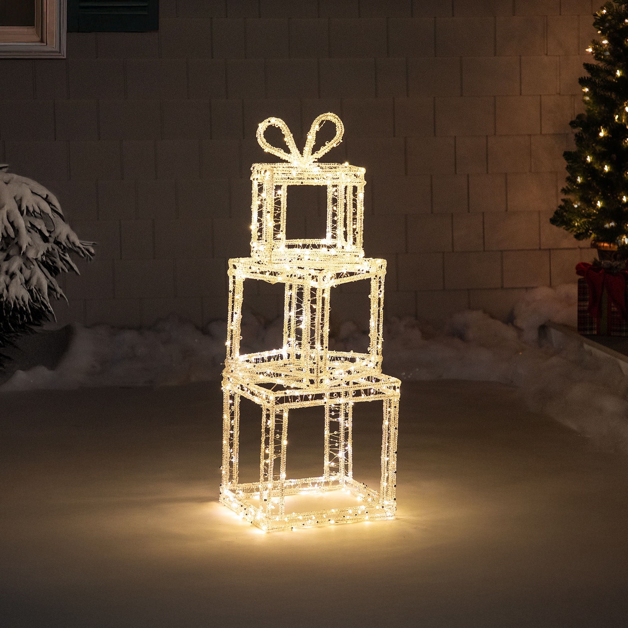 LED Icy Gift Box Tower Christmas Yard Decoration 34" Warm White Lights