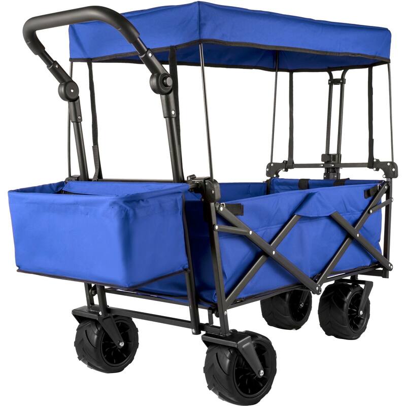 Steel 600D Oxford Folding Wagon 220lbs Cart w/ Canopy & Wheels - 39"x21.4"x39" - Blue