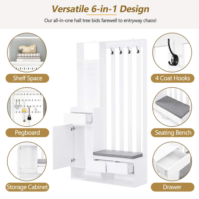 Roomfitters Modern Hall Tree with Storage Bench, Multifunctional Mudroom Cabinet with Pegboard and 4 Hooks