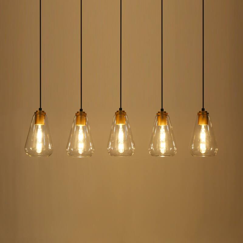 Modern Farmhouse 5-Light Black Gold Chandelier Linear Design with Clear Glass Kitchen Island Light for Dining Room