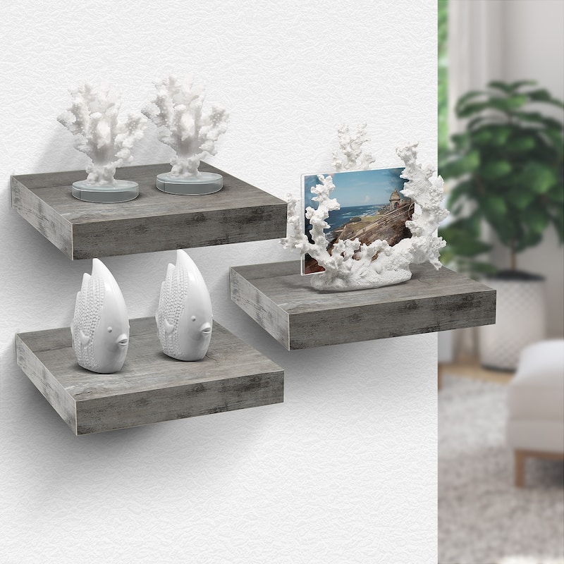 3 Pack Square Mounted Floating Shelves - Rustic Wood Display Ledge Storage Shelf