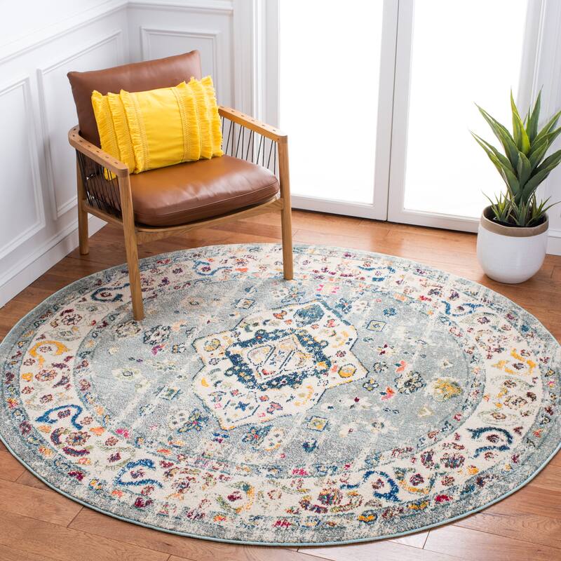 SAFAVIEH Madison Willodean Boho Oriental Distressed Rug - 6'7" Round - Grey/Ivory