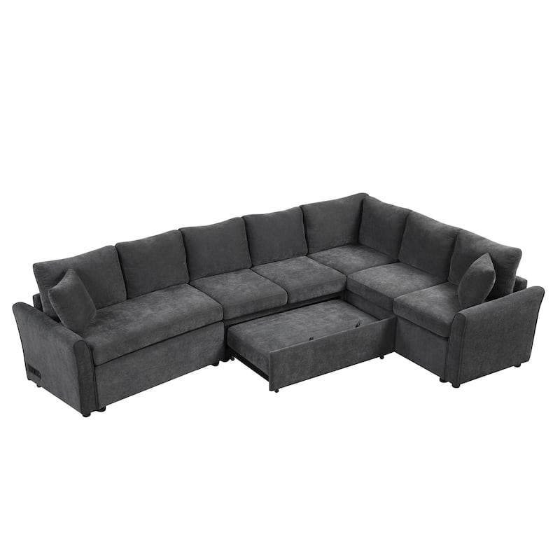 124.8'' Convertible L-Shaped 6-Seater Sectional Sofa with USB Ports, Power Outlets, Pull-Out Bed, and Two Back Cushions