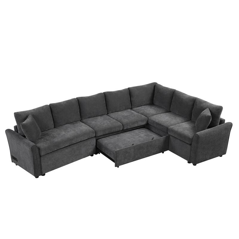 L-shaped Sofa Convertible Sofa Bed Pull Out Sofa Sleeper with Two Back Pillows, Two USB Ports and Two Power Sockets