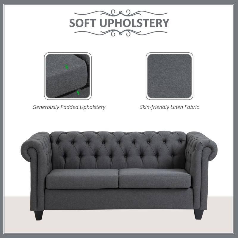 HOMCOM Retro 2-Seater Sofa Linen Fabric Couch with Rubberwood Legs, and Rolled Arms for Living Room, Grey - 32*72.75*30.75