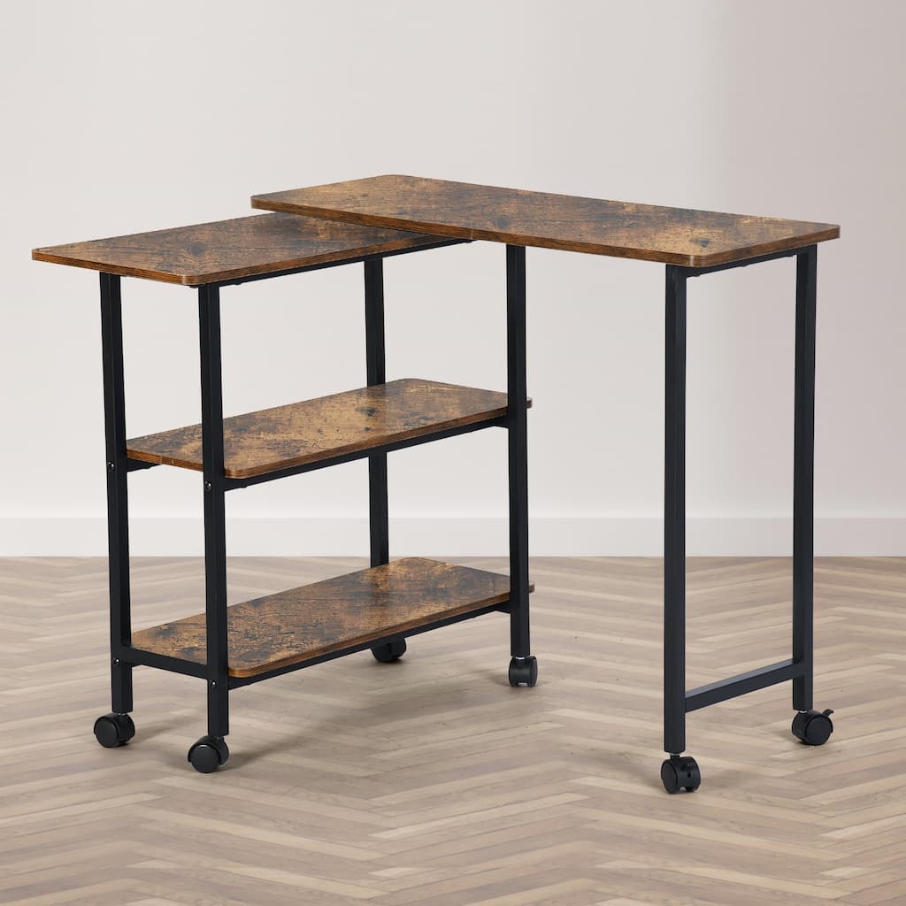 FurnitureR 360° Rotating Sofa Side Table with Storage Shelves, Rolling L-Shaped End Table with Wheels for Couch or Bed, Brown