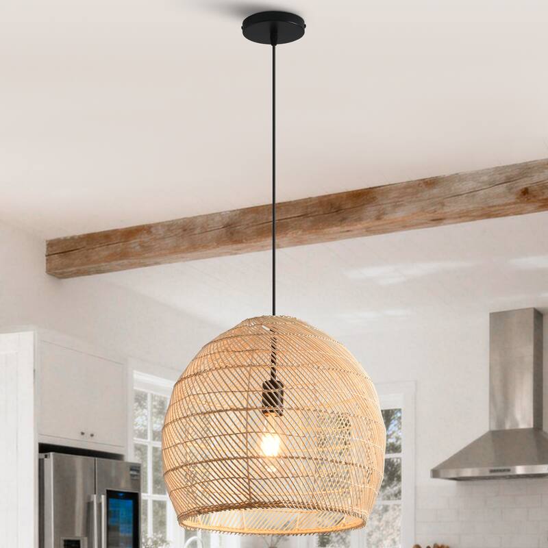 1-Light Coastal Style Brown Hand-Woven Rattan Cloche Hanging Pendant Light - 15.7" W x 62.9" H