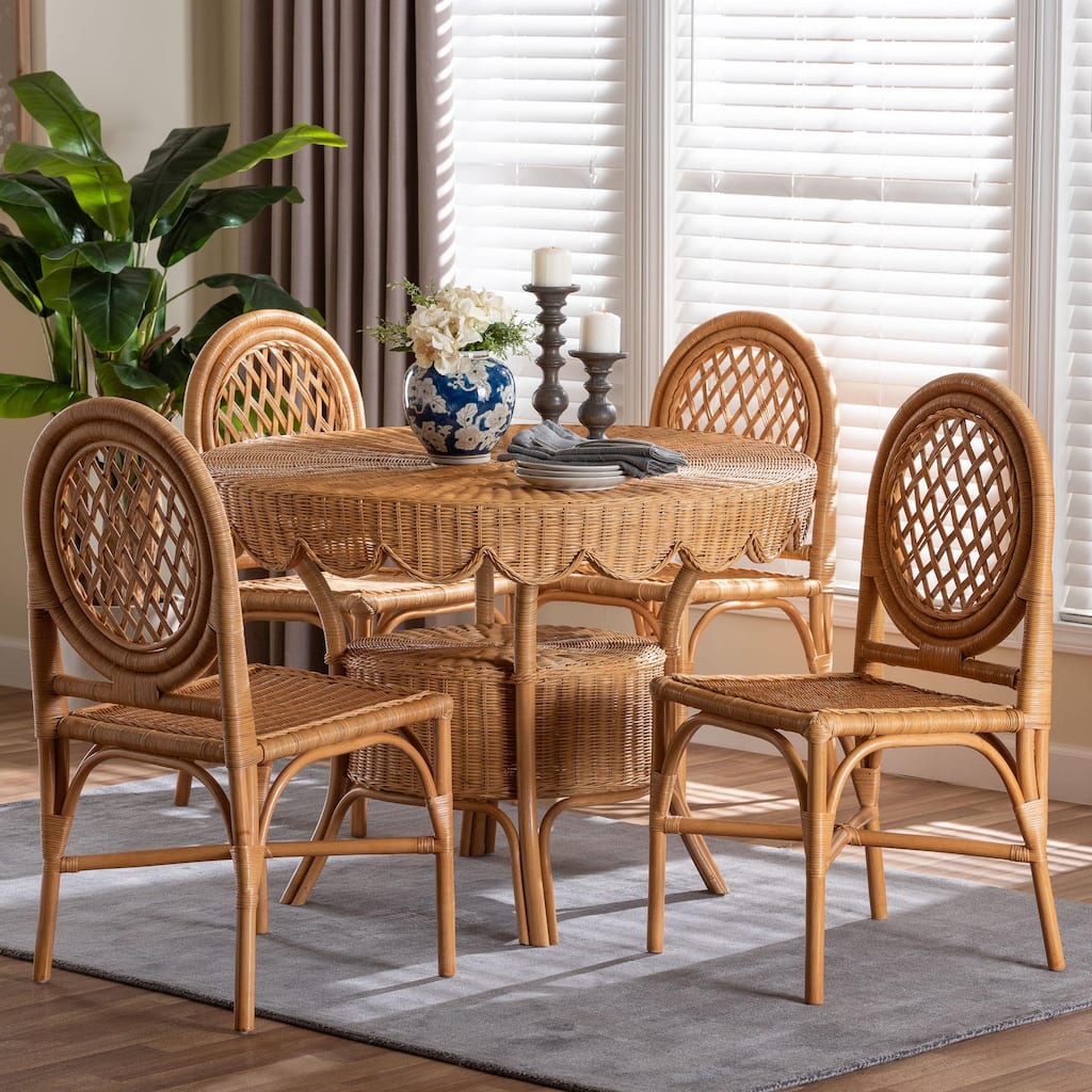Troy 5-Piece Rattan Dining Set - Round Wicker Table with Scallop Edge and 4 Chairs, Handwoven Boho Coastal Style, Light Honey