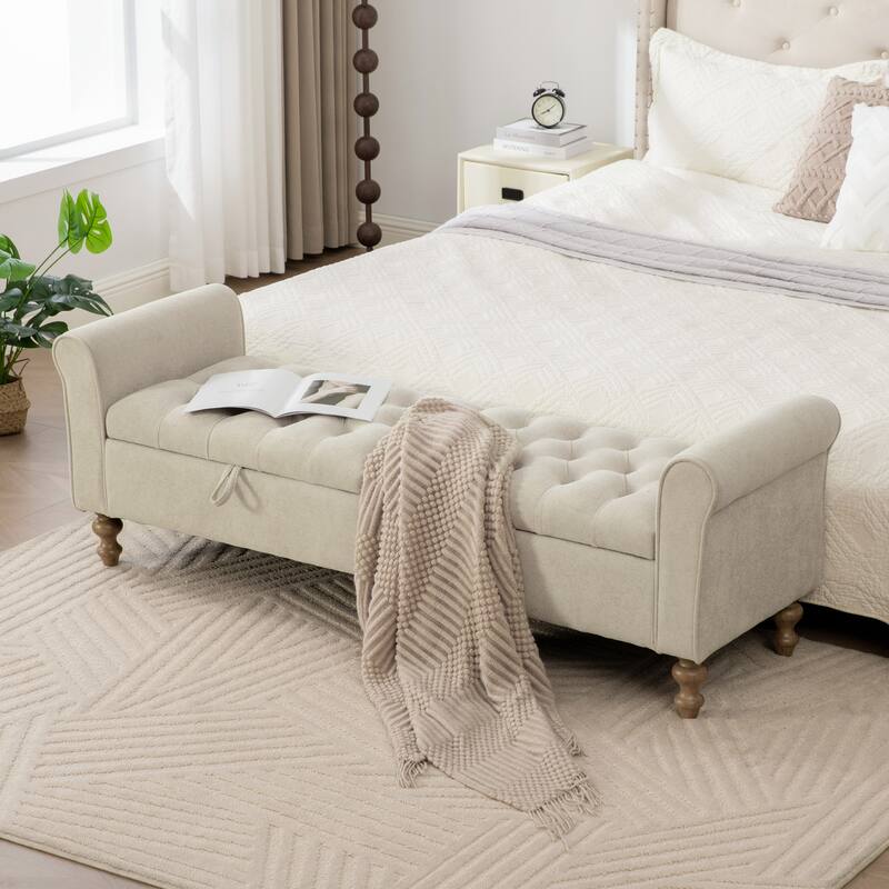 65.7"W Tufted Upholstered Storage Bench With Double Lids,Rubberwood Legs