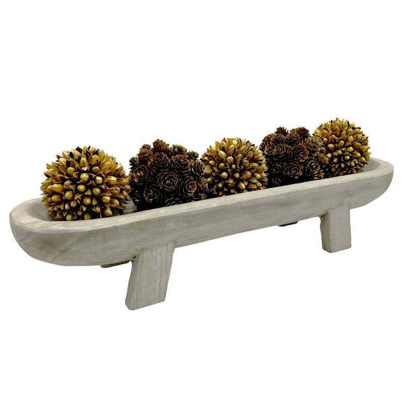 Set of Decorative Wood Bowl in Brown with Preserved Pinecone Topiary Balls - SET10