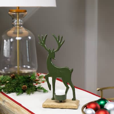 Reindeer Christmas Metal Tealight Holder - 10.5" - Green