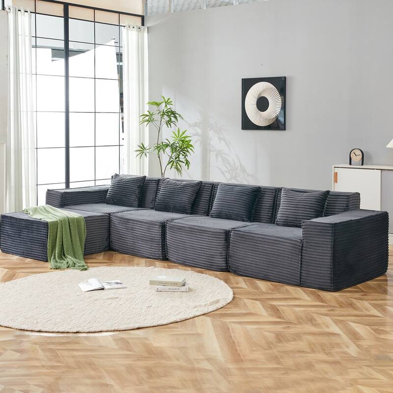 L-Shaped Modular Sectional Sofa with Ottoman, Striped Corduroy Deep Seat Cloud Couch, Large 4-Seat Corner Sofa