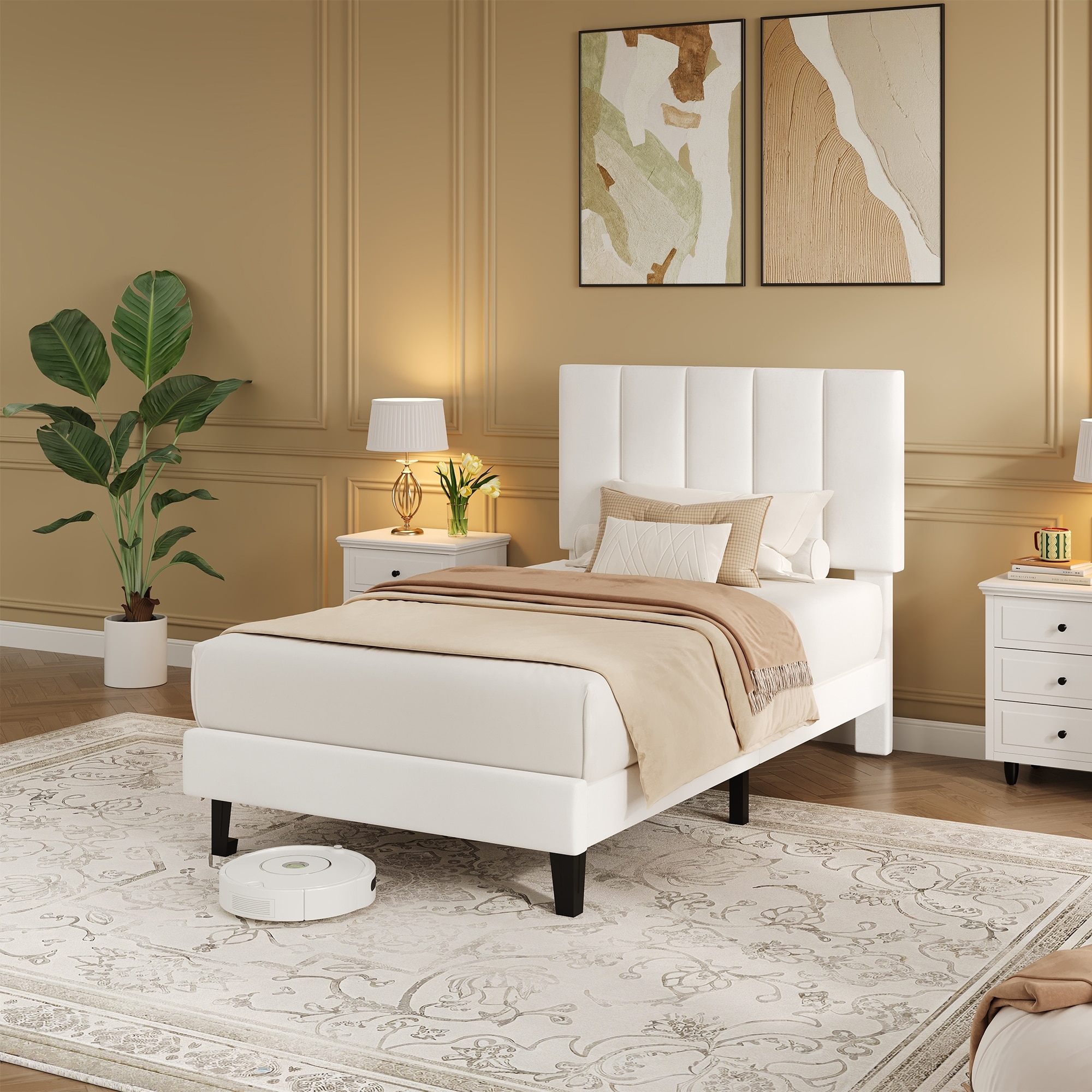 Bed Frame with Adjustable Velvet Upholstered Headboard, Vertical Channel Tufted Platform Bed Frame