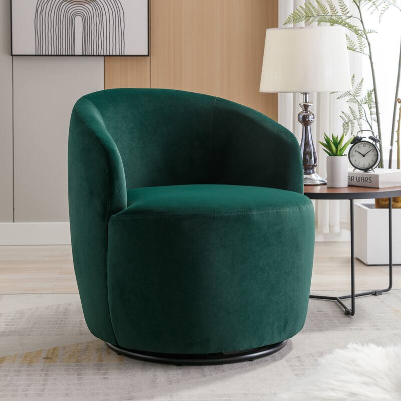 Velvet Swivel Barrel Chair with 360° Black Metal Base - Green