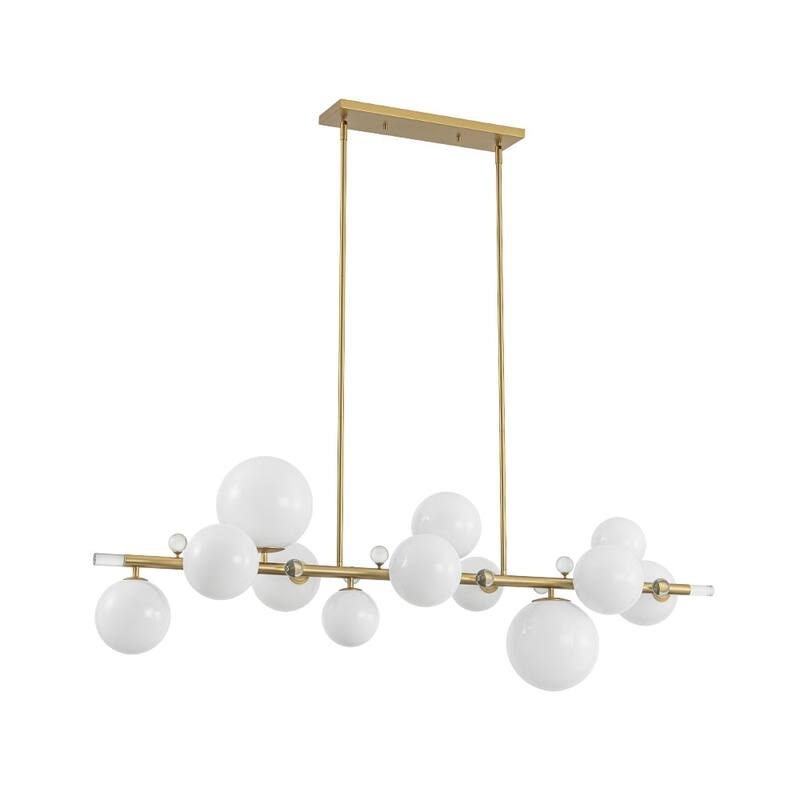 Mid-Century Luxe Milky Glass Globe Linear Chandelier Crystal Accents