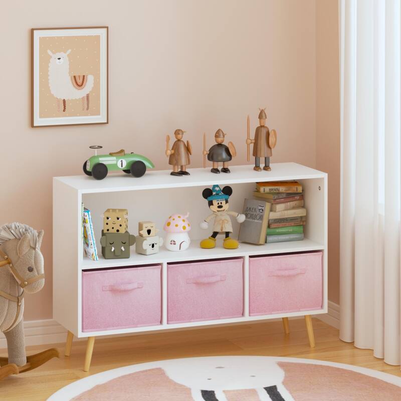Anmytek White and Pink Kids Bookcase Toy Storage Organizer Cabinet with Fabric Drawers