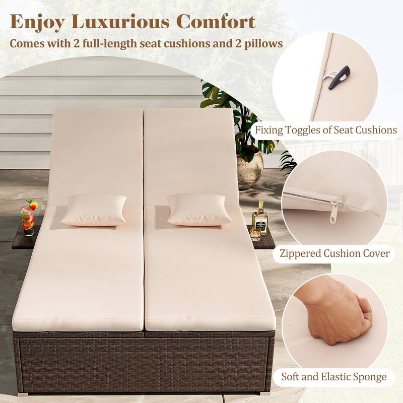 Comfortable Double Chaise Lounge with Cushions and Folding Side Tables Perfect Outdoor Relaxation - 76” L x 43” W x 13”-38” H